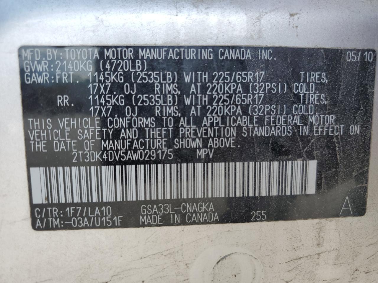 2010 Toyota Rav4 Limited VIN: 2T3DK4DV5AW029175 Lot: 62457584