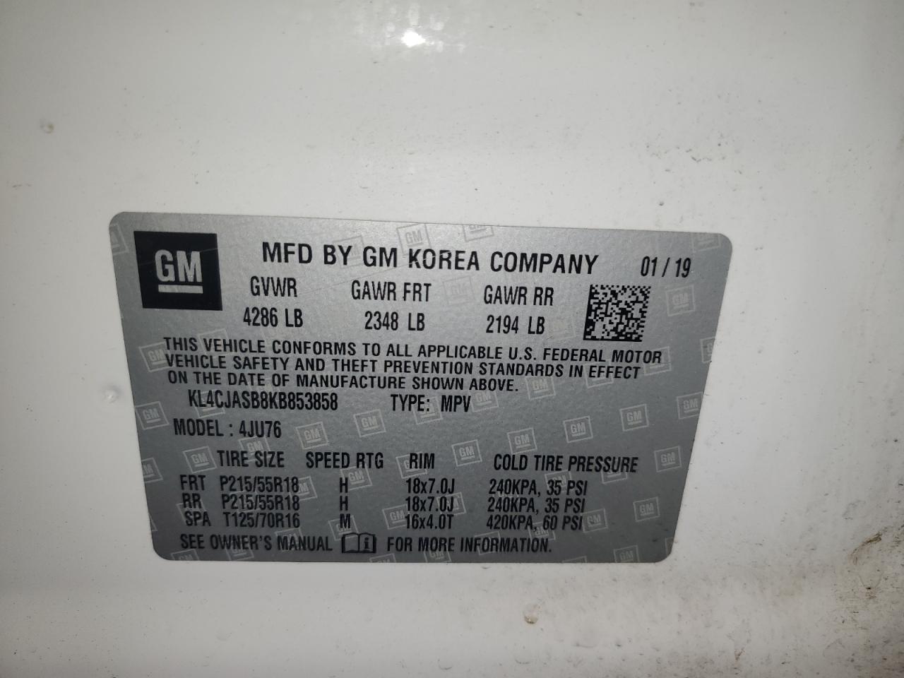 2019 Buick Encore Preferred VIN: KL4CJASB8KB853858 Lot: 64819584