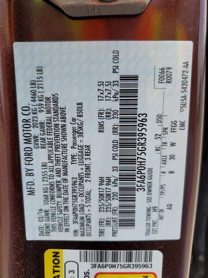 2016 Ford Fusion Se VIN: 3FA6P0H75GR395963 Lot: 62739294