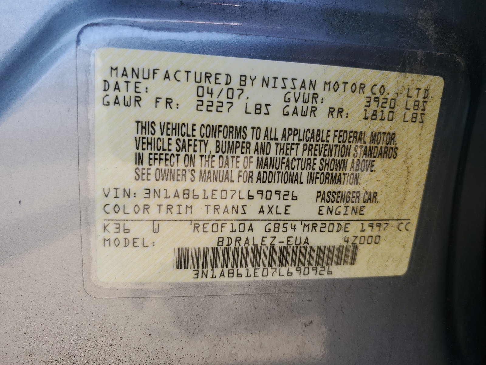 3N1AB61E07L690926 2007 Nissan Sentra 2.0