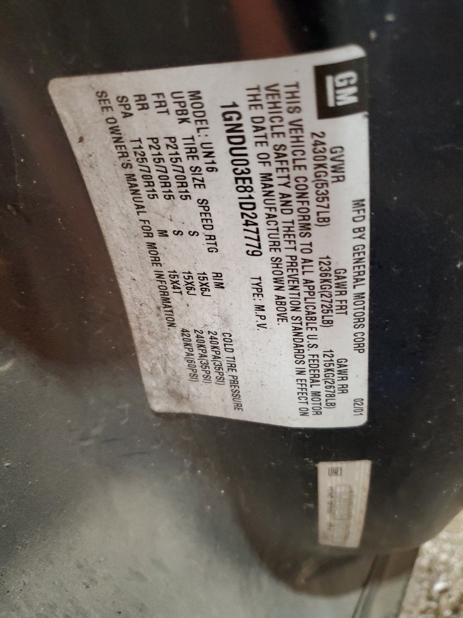 1GNDU03E81D247779 2001 Chevrolet Venture