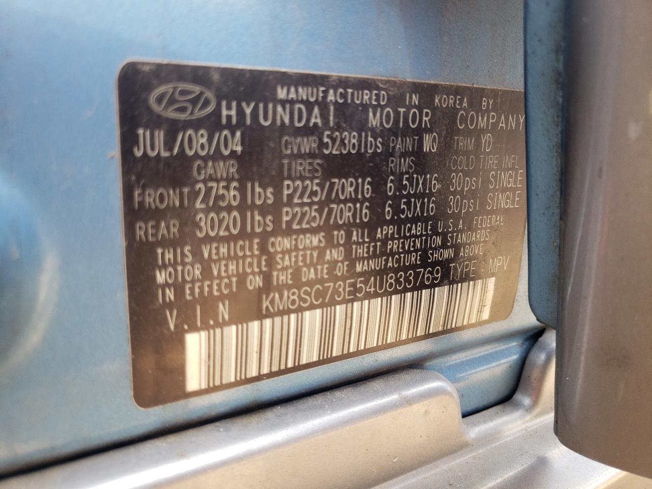 KM8SC73E54U833769 2004 Hyundai Santa Fe Gls