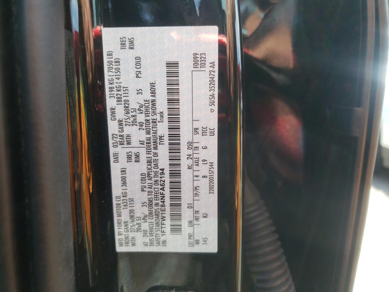 2022 Ford F150 Supercrew VIN: 1FTFW1E84NFA62194 Lot: 60940094