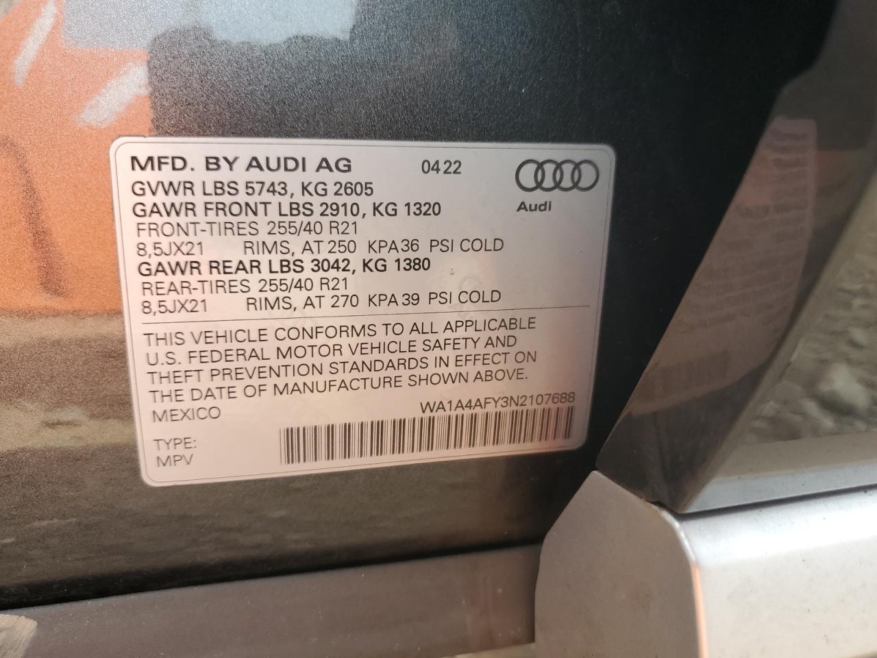 2022 Audi Sq5 Premium VIN: WA1A4AFY3N2107688 Lot: 60595184