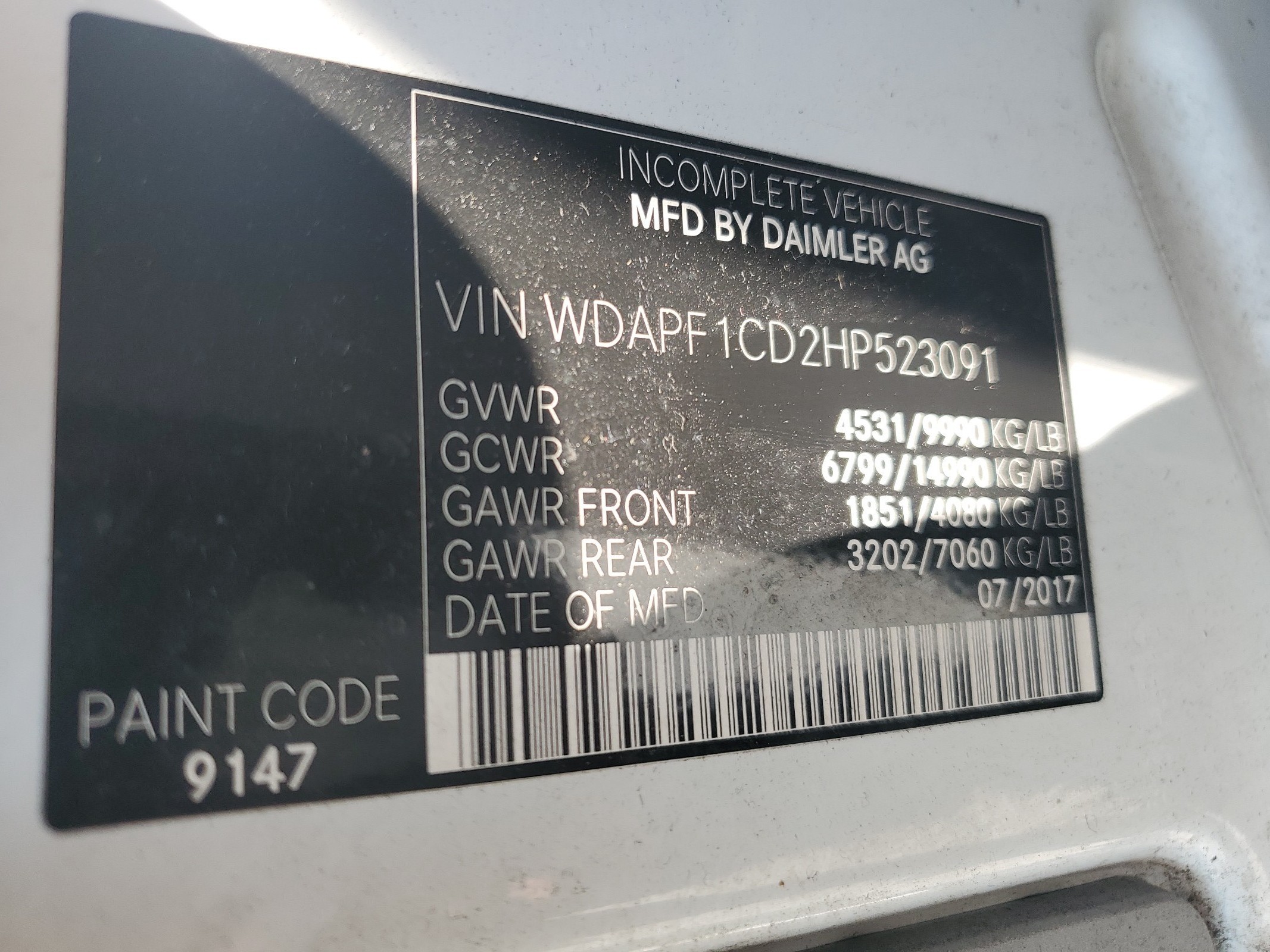 WDAPF1CD2HP523091 2017 Mercedes-Benz Sprinter 3500