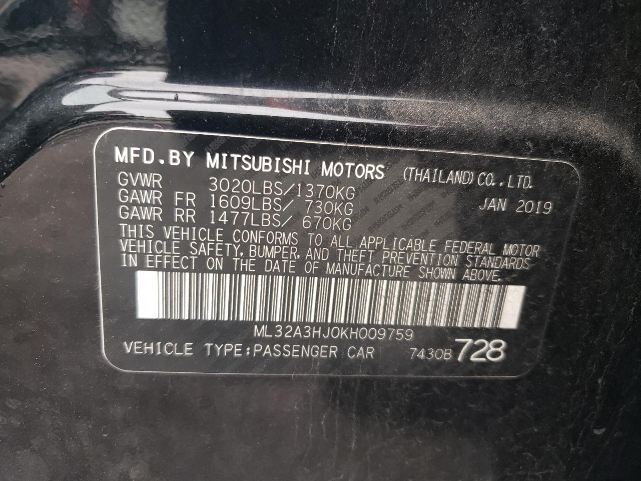 2019 Mitsubishi Mirage Es VIN: ML32A3HJ0KH009759 Lot: 65000424