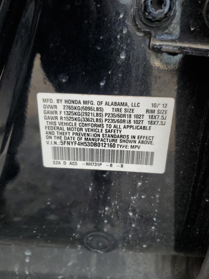 2013 Honda Pilot Exl VIN: 5FNYF4H53DB012160 Lot: 63193884