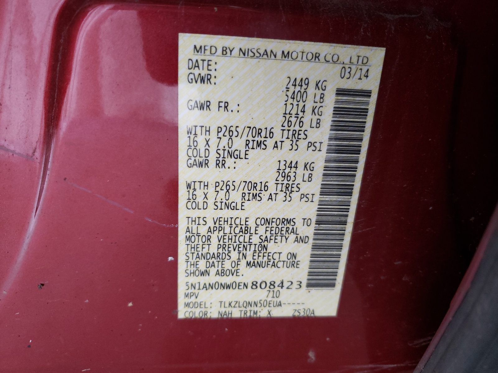 5N1AN0NW0EN808423 2014 Nissan Xterra X