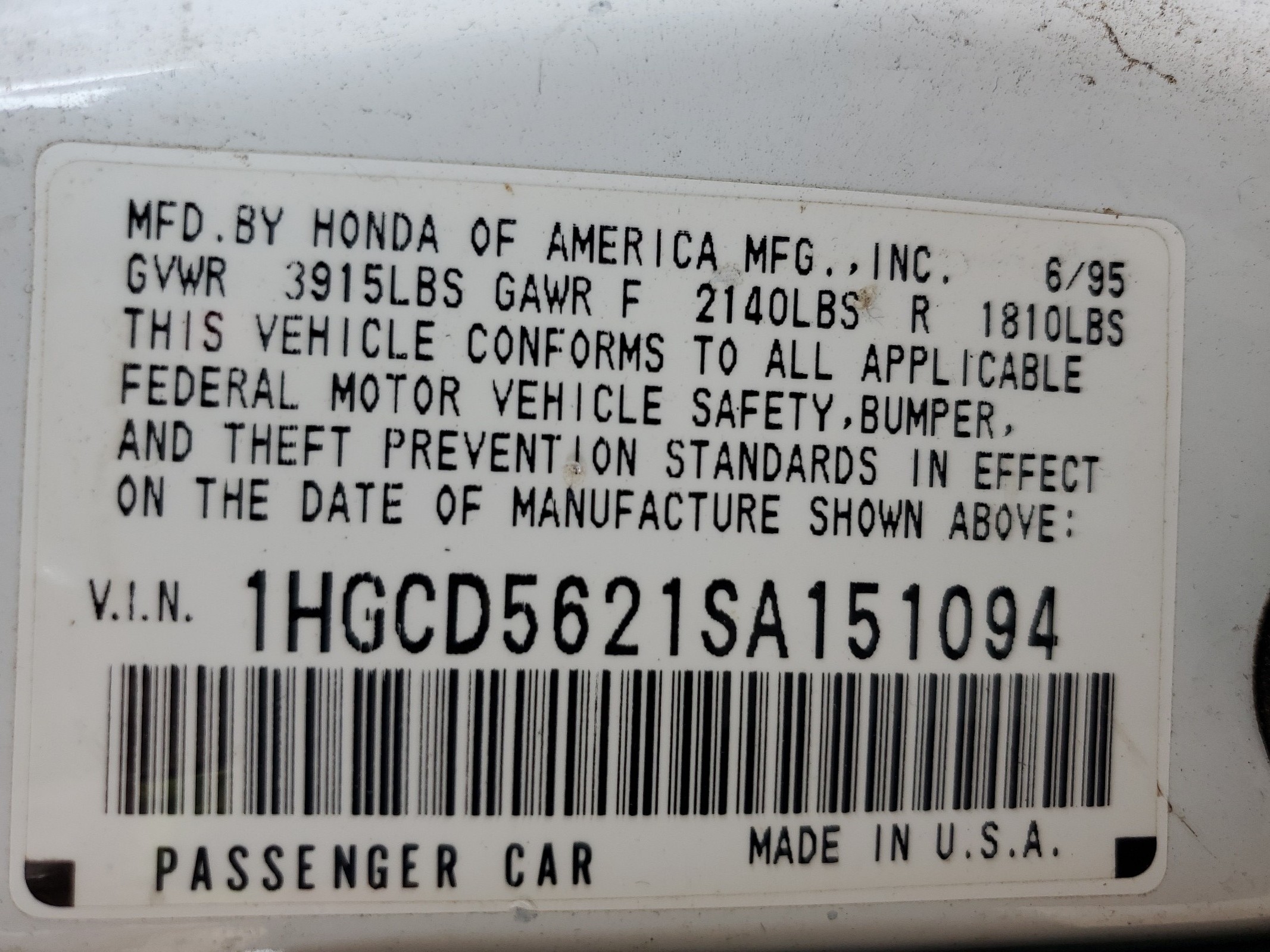 1HGCD5621SA151094 1995 Honda Accord Dx