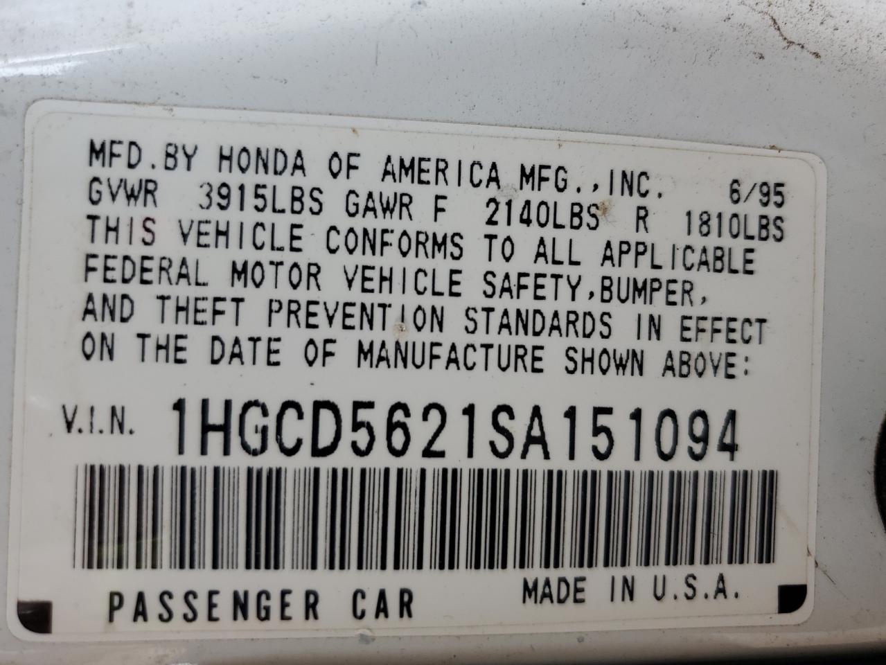 1995 Honda Accord Dx VIN: 1HGCD5621SA151094 Lot: 62361974
