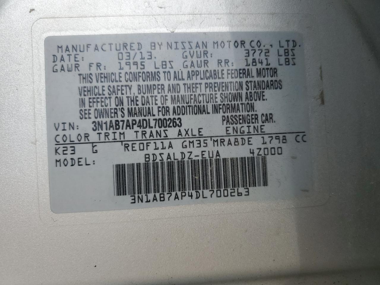 2013 Nissan Sentra S VIN: 3N1AB7AP4DL700263 Lot: 63645334