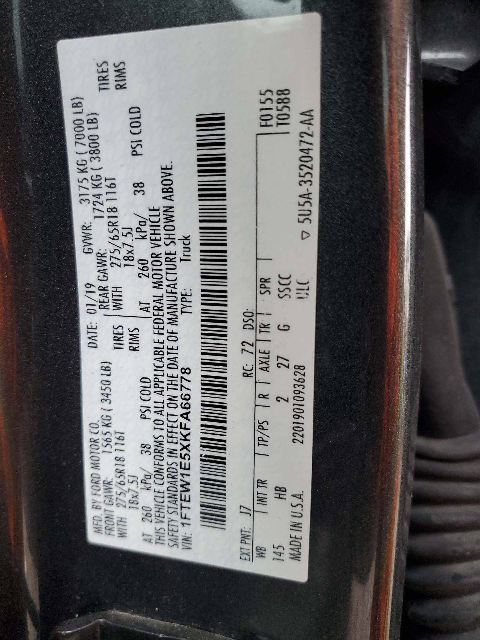 1FTEW1E5XKFA66778 2019 Ford F150 Supercrew