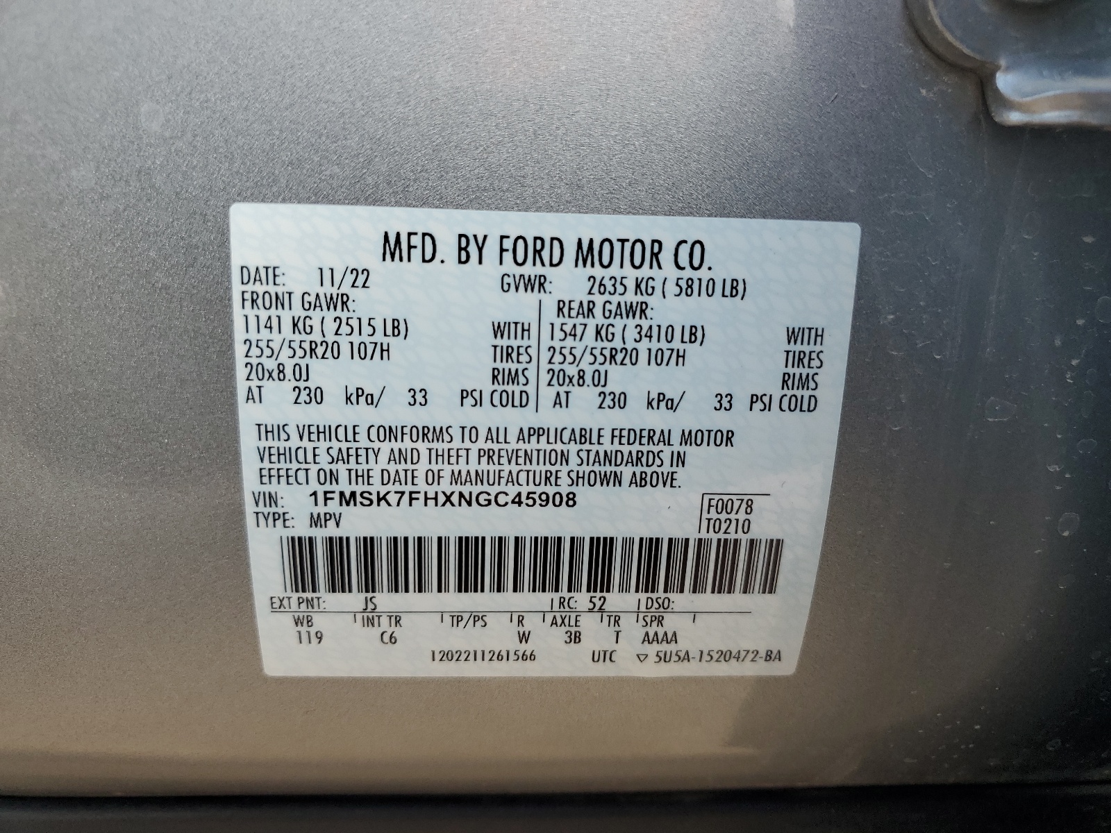 1FMSK7FHXNGC45908 2022 Ford Explorer Limited
