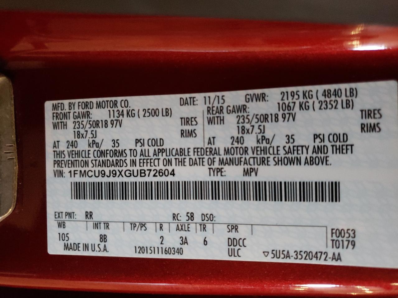 2016 Ford Escape Titanium VIN: 1FMCU9J9XGUB72604 Lot: 61686404