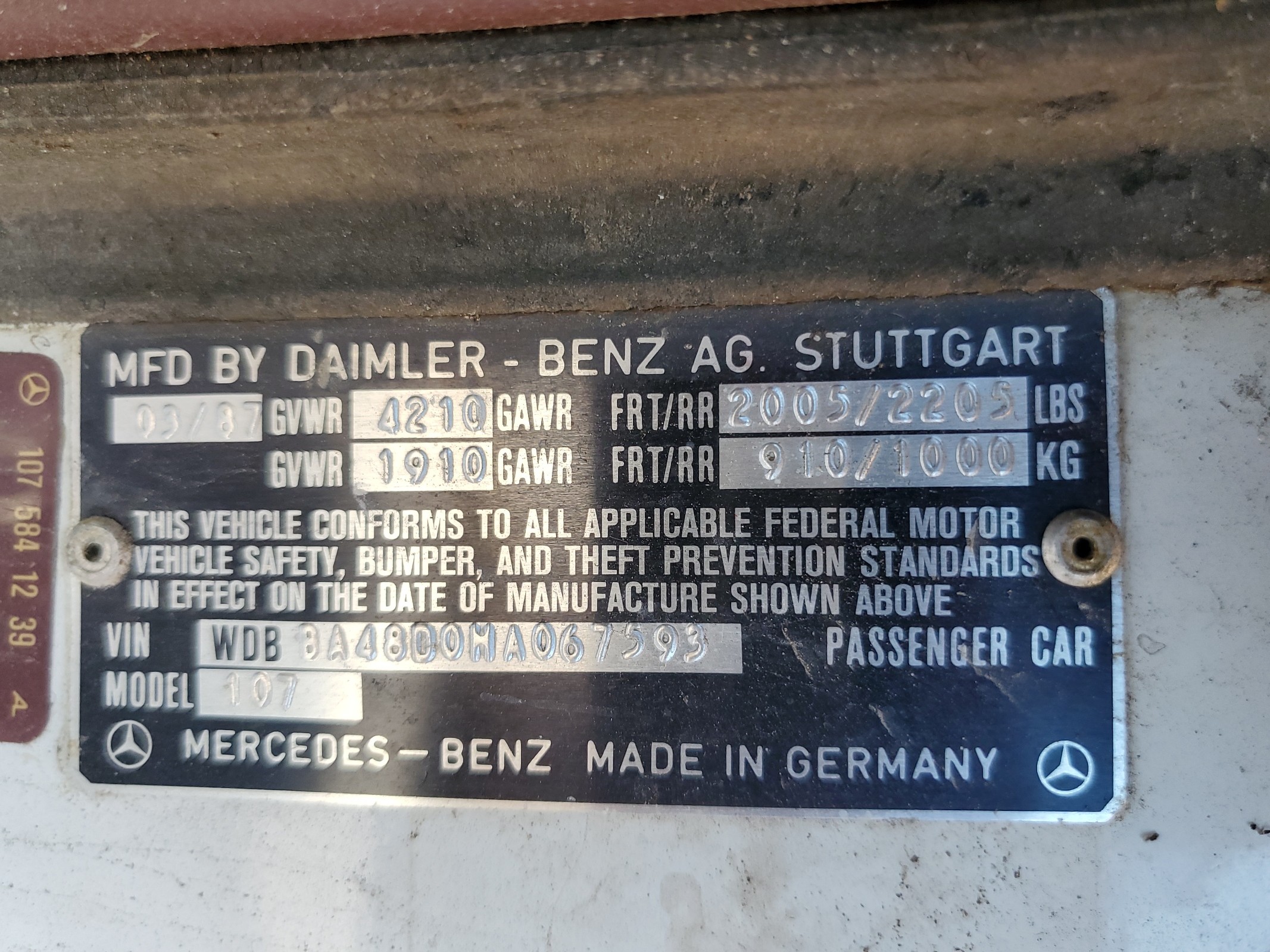 WDBBA48D0HA067593 1987 Mercedes-Benz 560 Sl