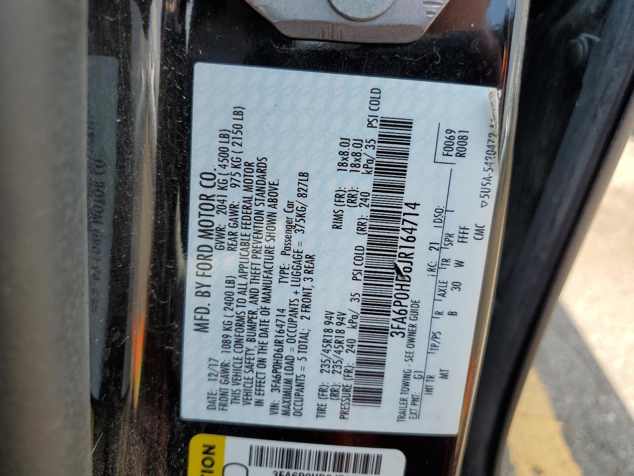 2018 Ford Fusion Se VIN: 3FA6P0HD6JR164714 Lot: 63502134