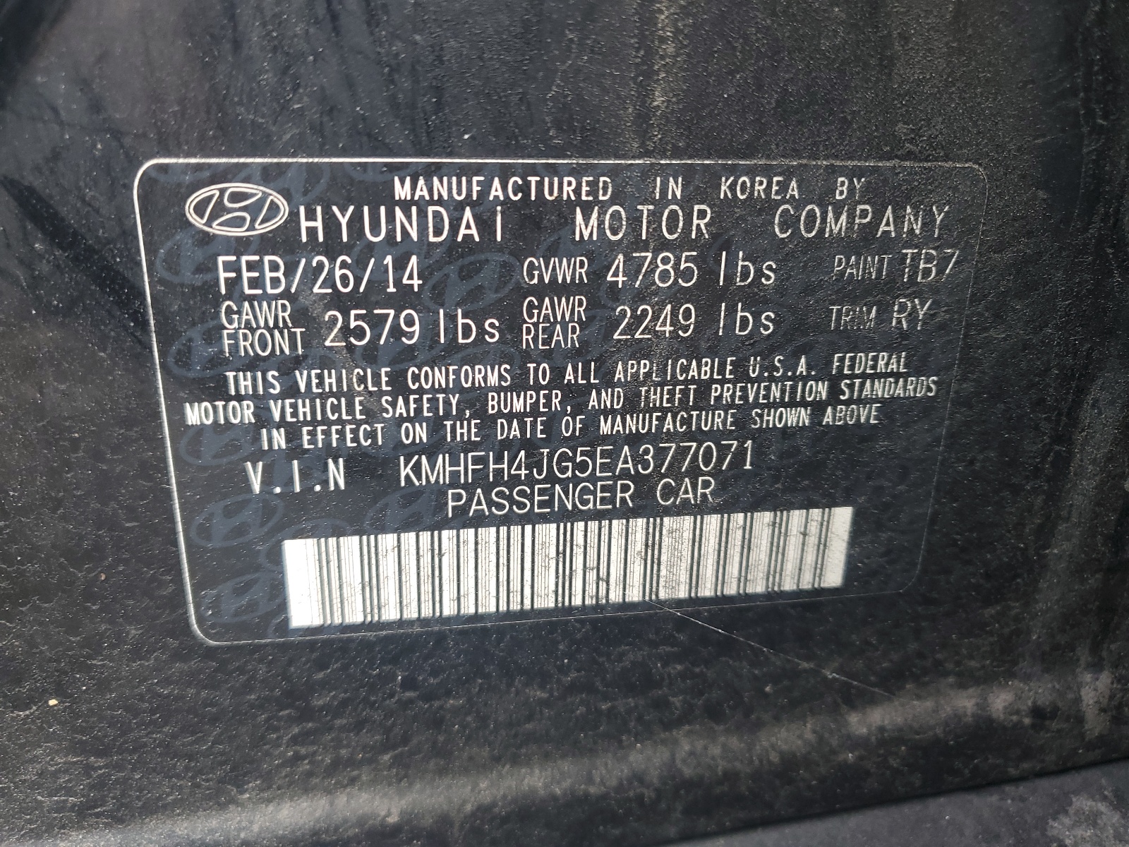 KMHFH4JG5EA377071 2014 Hyundai Azera Gls