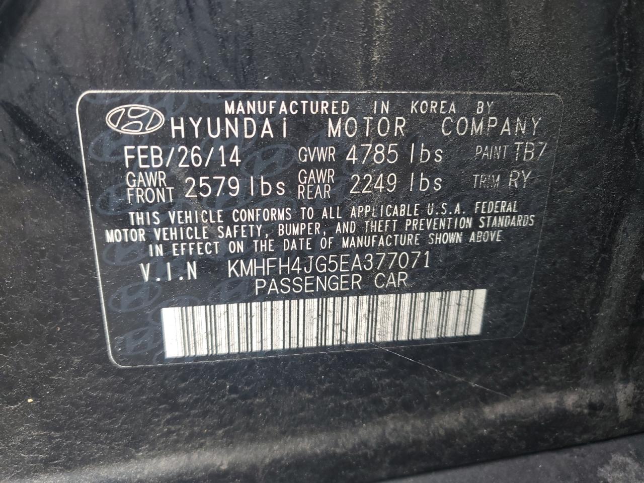 2014 Hyundai Azera Gls VIN: KMHFH4JG5EA377071 Lot: 64585424