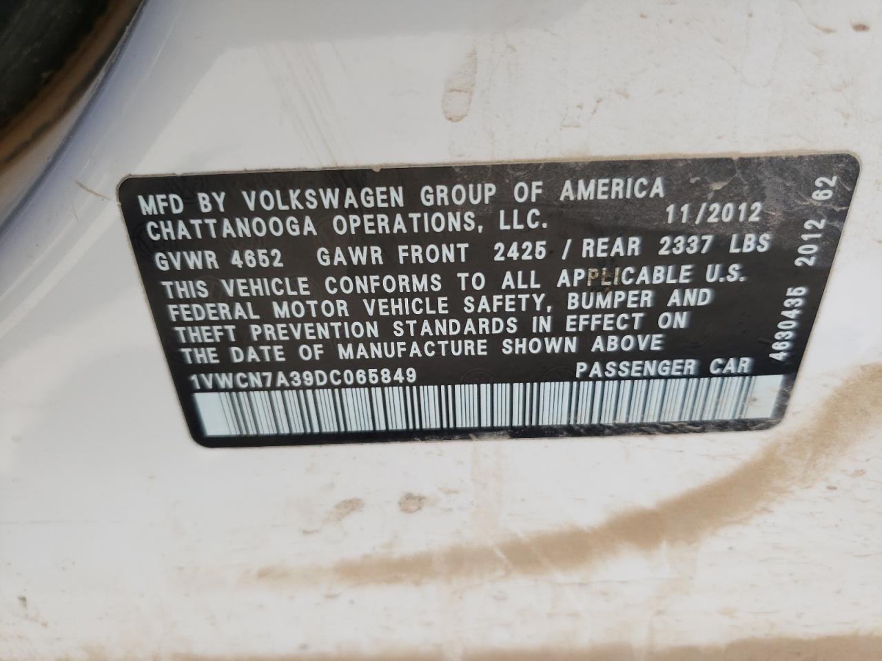 2013 Volkswagen Passat Sel VIN: 1VWCN7A39DC065849 Lot: 62420624