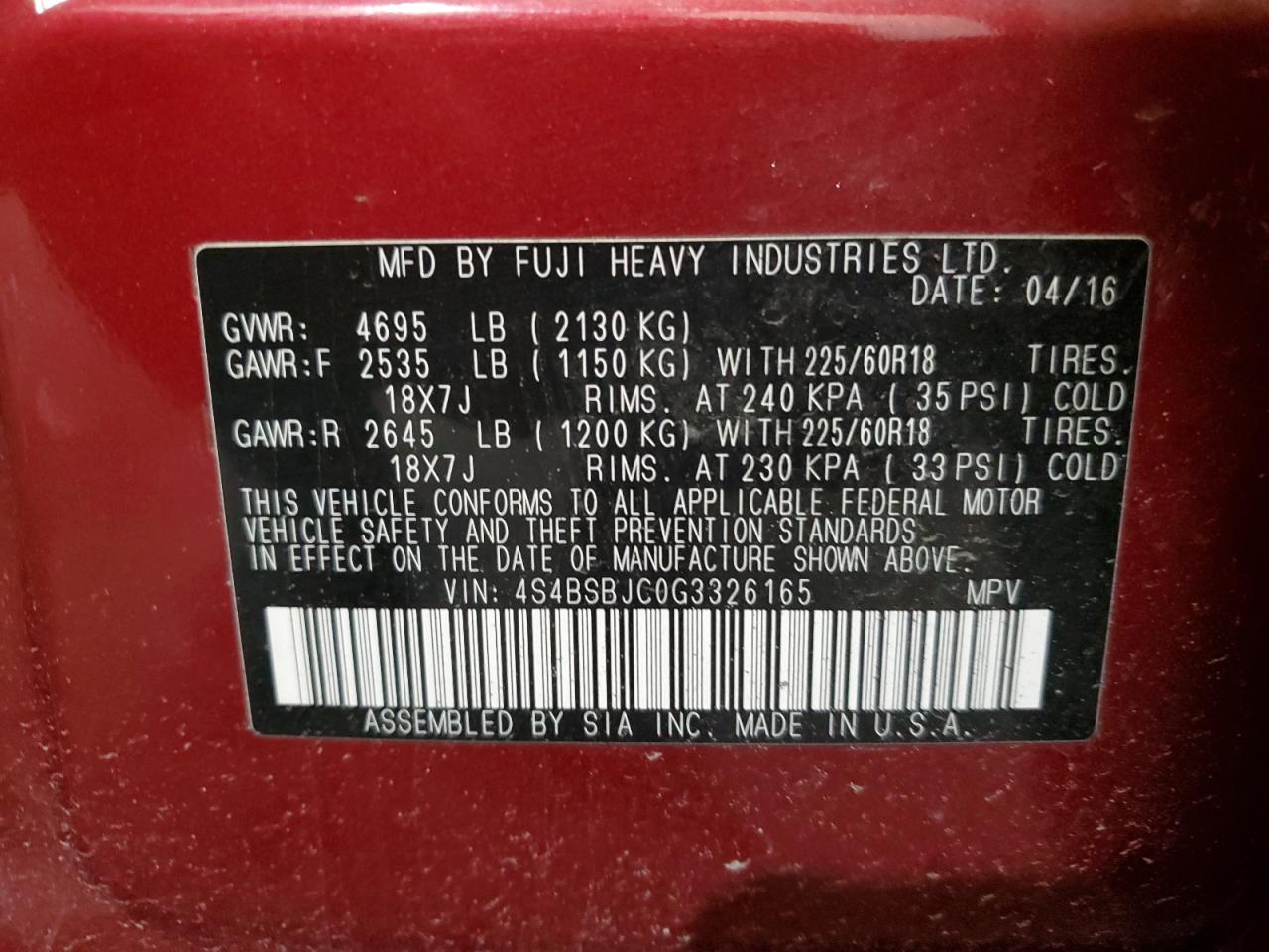 2016 Subaru Outback 2.5I Limited VIN: 4S4BSBJC0G3326165 Lot: 65623444