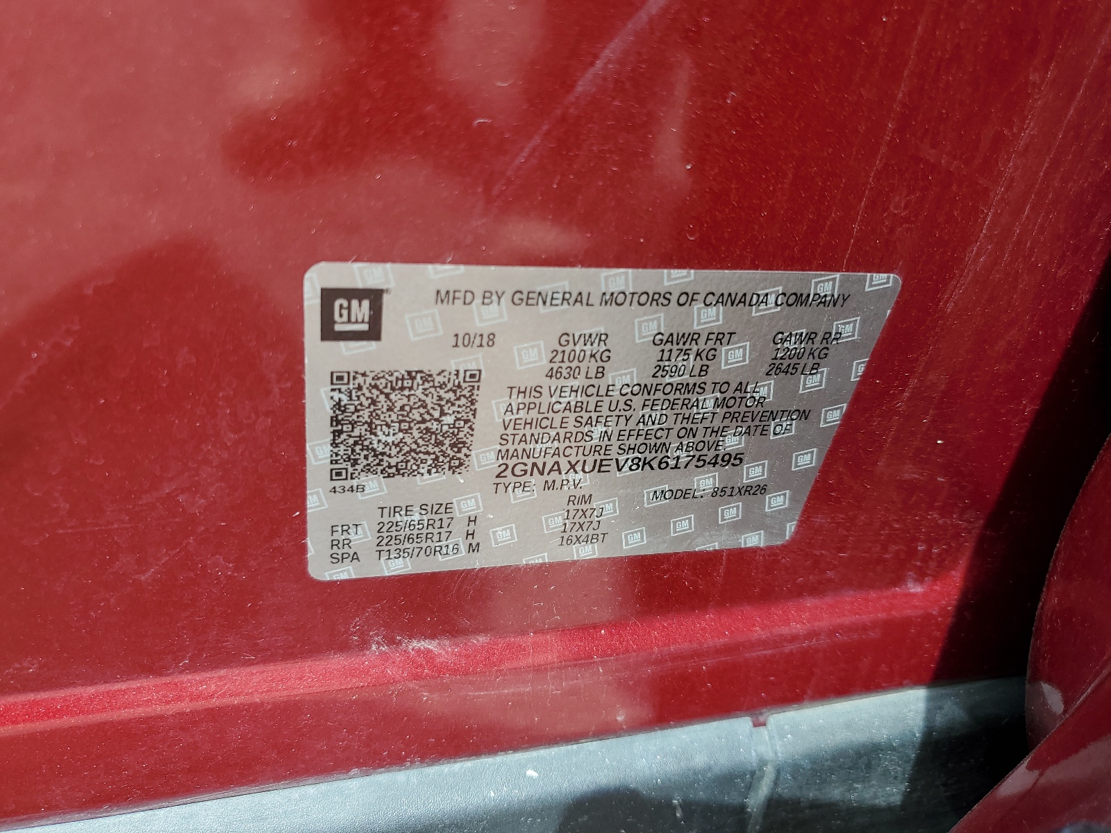 2GNAXUEV8K6175495 2019 Chevrolet Equinox Lt