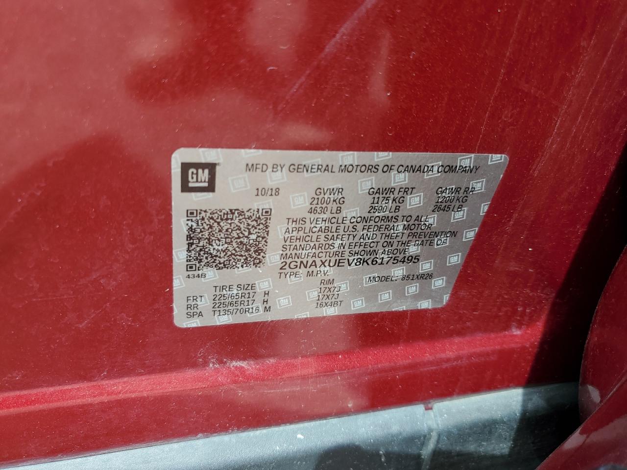 2019 Chevrolet Equinox Lt VIN: 2GNAXUEV8K6175495 Lot: 63197744