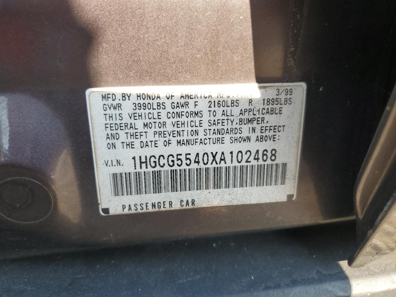 1999 Honda Accord Lx VIN: 1HGCG5540XA102468 Lot: 63715504