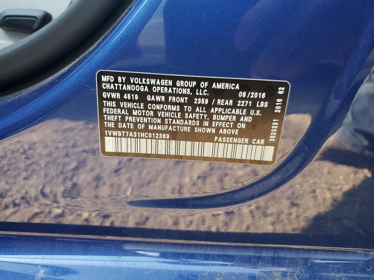 2017 Volkswagen Passat Se VIN: 1VWBT7A31HC012389 Lot: 63808164
