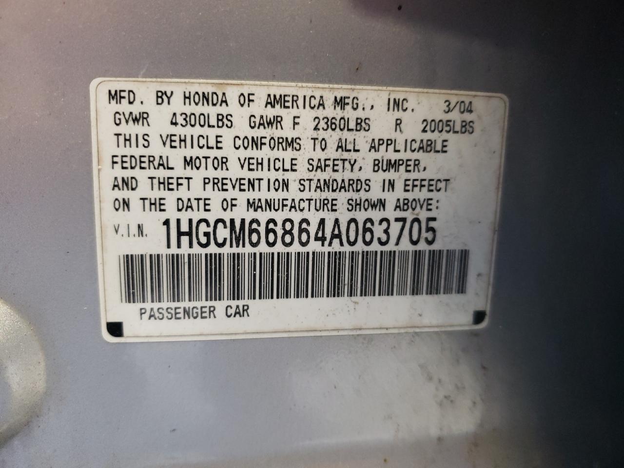 2004 Honda Accord Ex VIN: 1HGCM66864A063705 Lot: 61398514