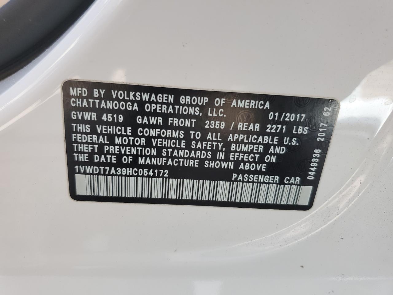 2017 Volkswagen Passat R-Line VIN: 1VWDT7A39HC054172 Lot: 65106174