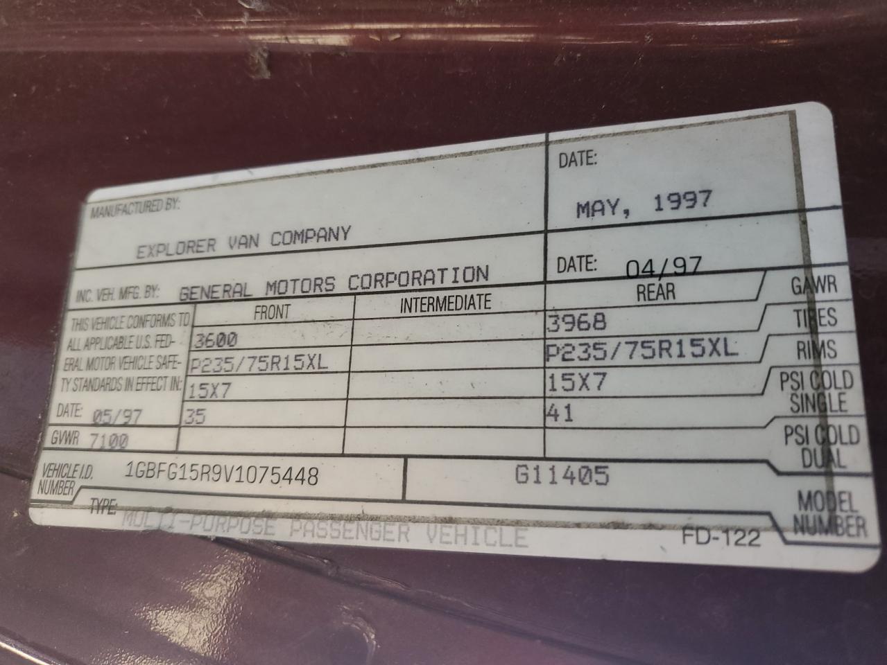 1997 Chevrolet Express G1500 VIN: 1GBFG15R9V1075448 Lot: 65228154
