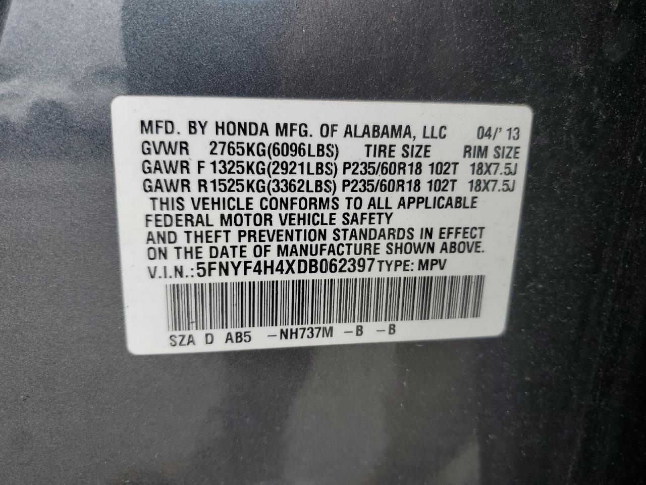 2013 Honda Pilot Ex VIN: 5FNYF4H4XDB062397 Lot: 63493534