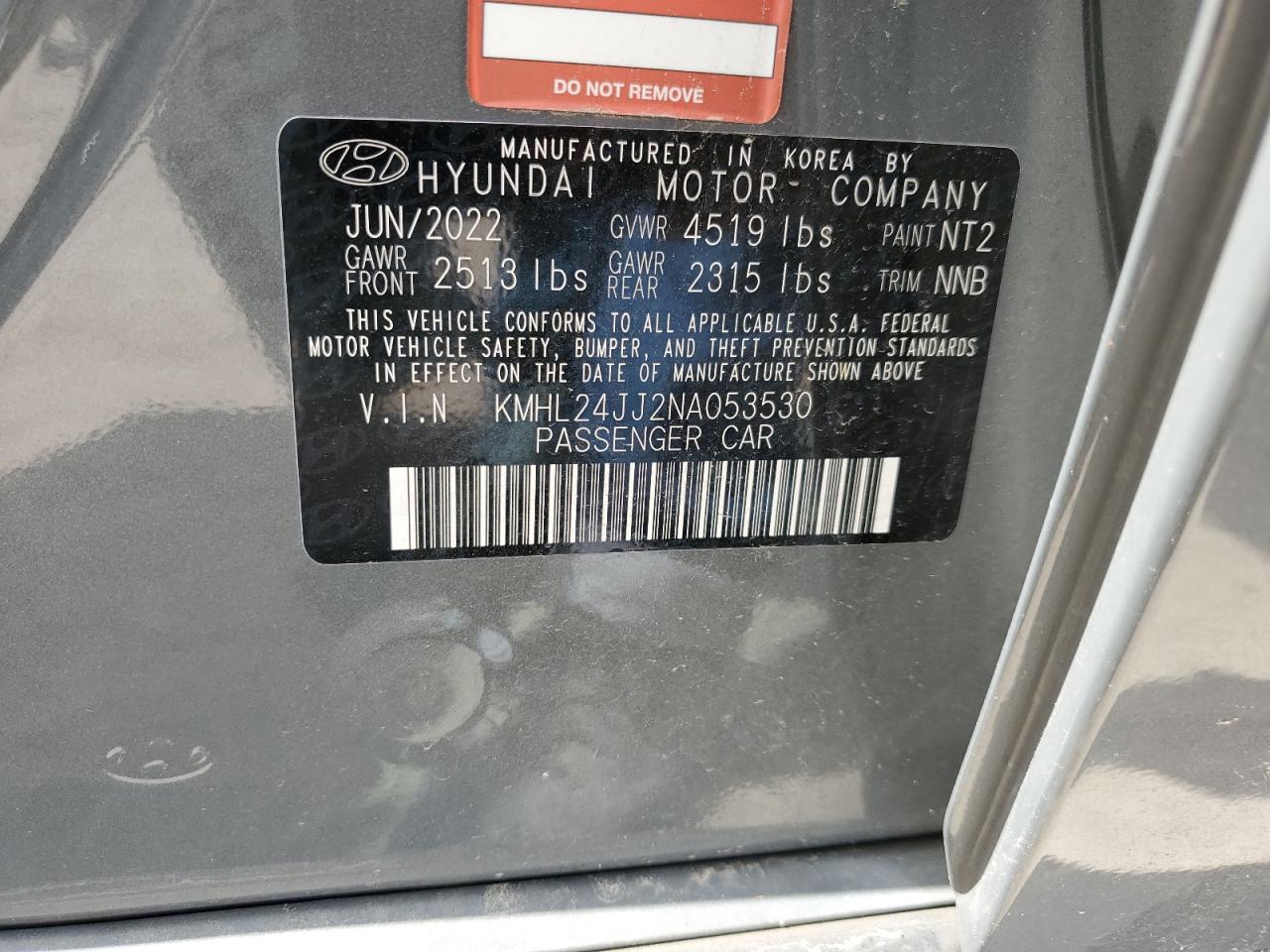 2022 Hyundai Sonata Hybrid VIN: KMHL24JJ2NA053530 Lot: 60927144