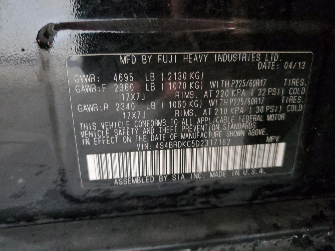 2013 Subaru Outback 3.6R Limited VIN: 4S4BRDKC5D2317162 Lot: 62455404