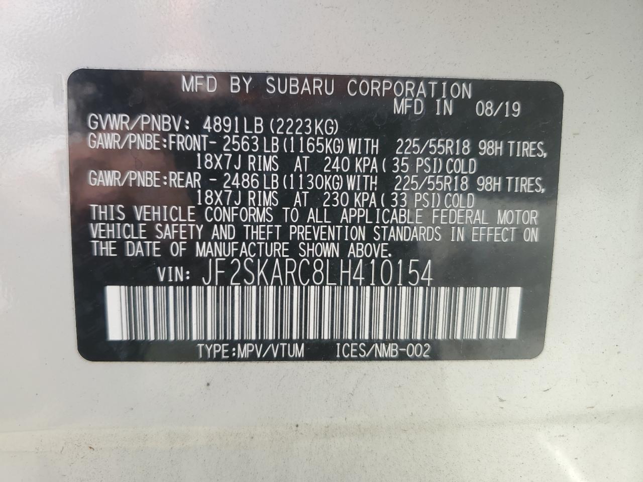 2020 Subaru Forester Sport VIN: JF2SKARC8LH410154 Lot: 65232474