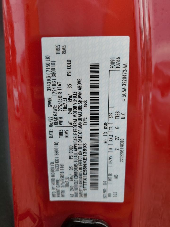 2022 Ford F150 Super Cab VIN: 1FTFX1E58NKE13893 Lot: 63758864