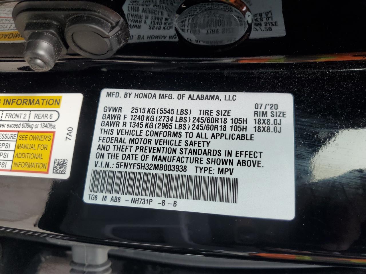 5FNYF5H32MB003938 2021 Honda Pilot Ex