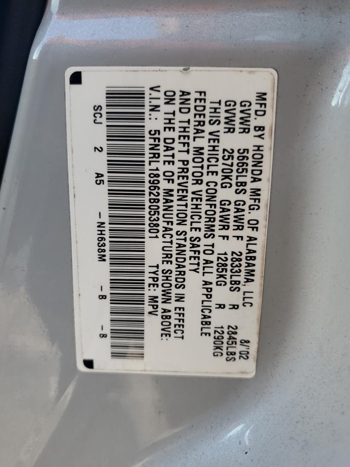 2002 Honda Odyssey Exl VIN: 5FNRL18962B053801 Lot: 63624954