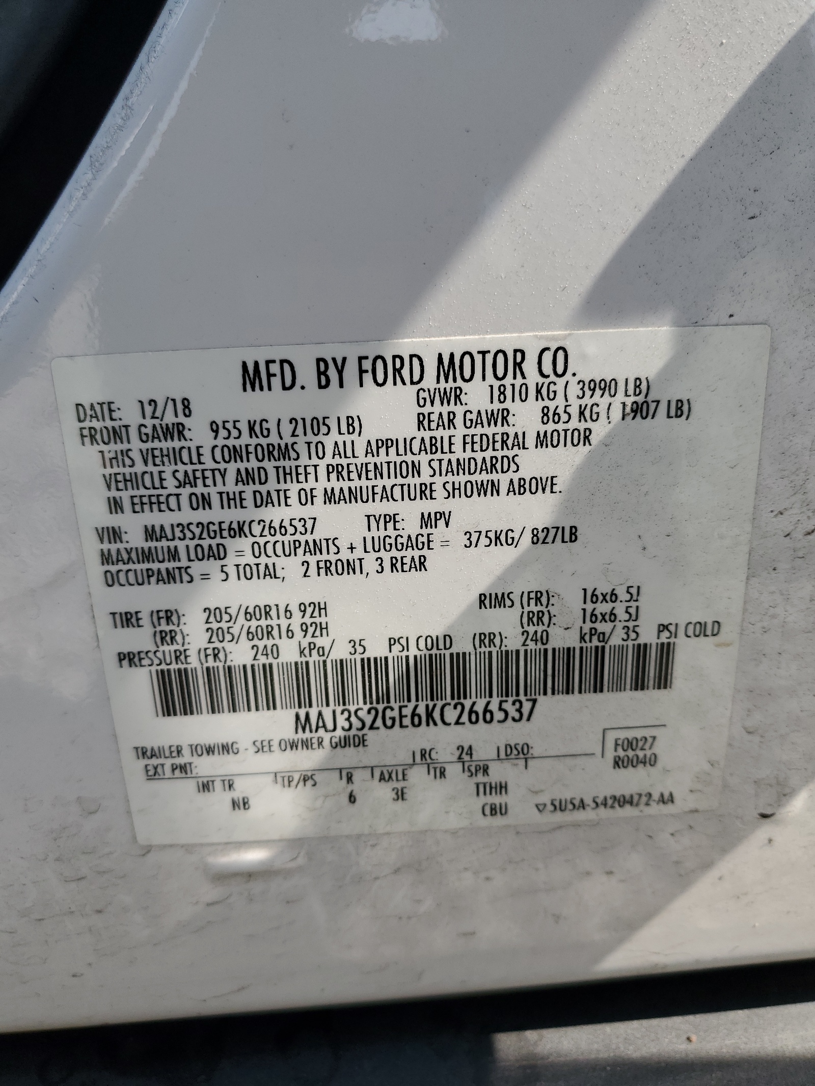 MAJ3S2GE6KC266537 2019 Ford Ecosport Se