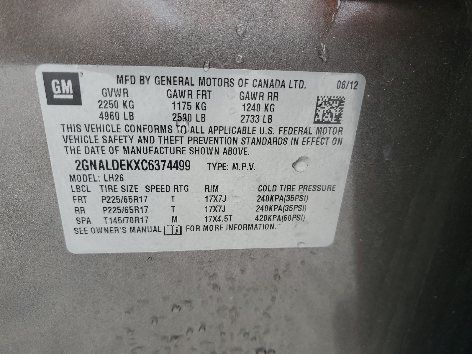 2GNALDEKXC6374499 2012 Chevrolet Equinox Lt