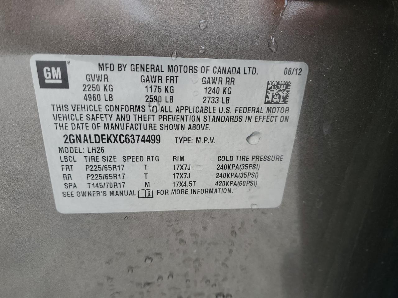 2012 Chevrolet Equinox Lt VIN: 2GNALDEKXC6374499 Lot: 64114564