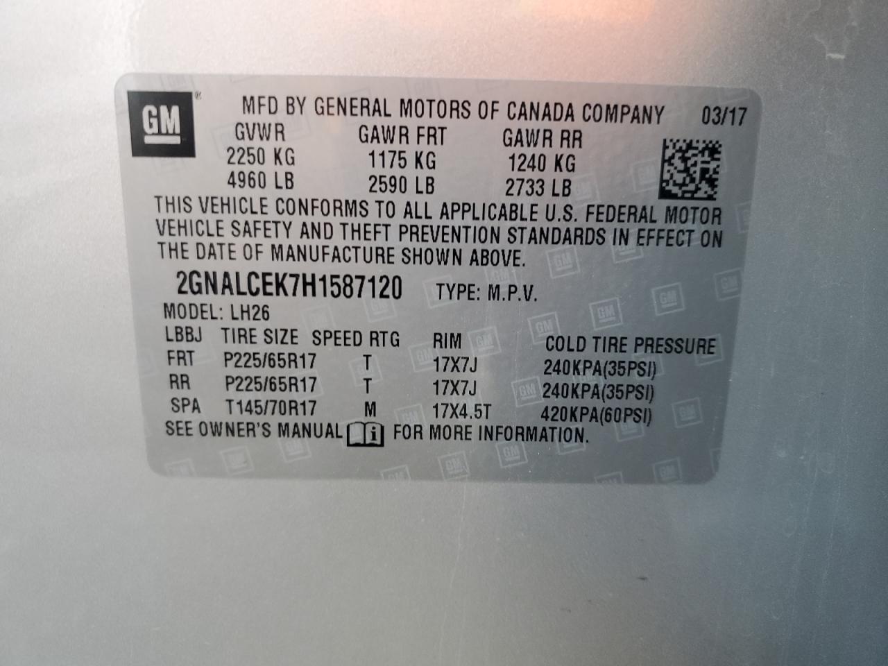 2017 Chevrolet Equinox Lt VIN: 2GNALCEK7H1587120 Lot: 63471184