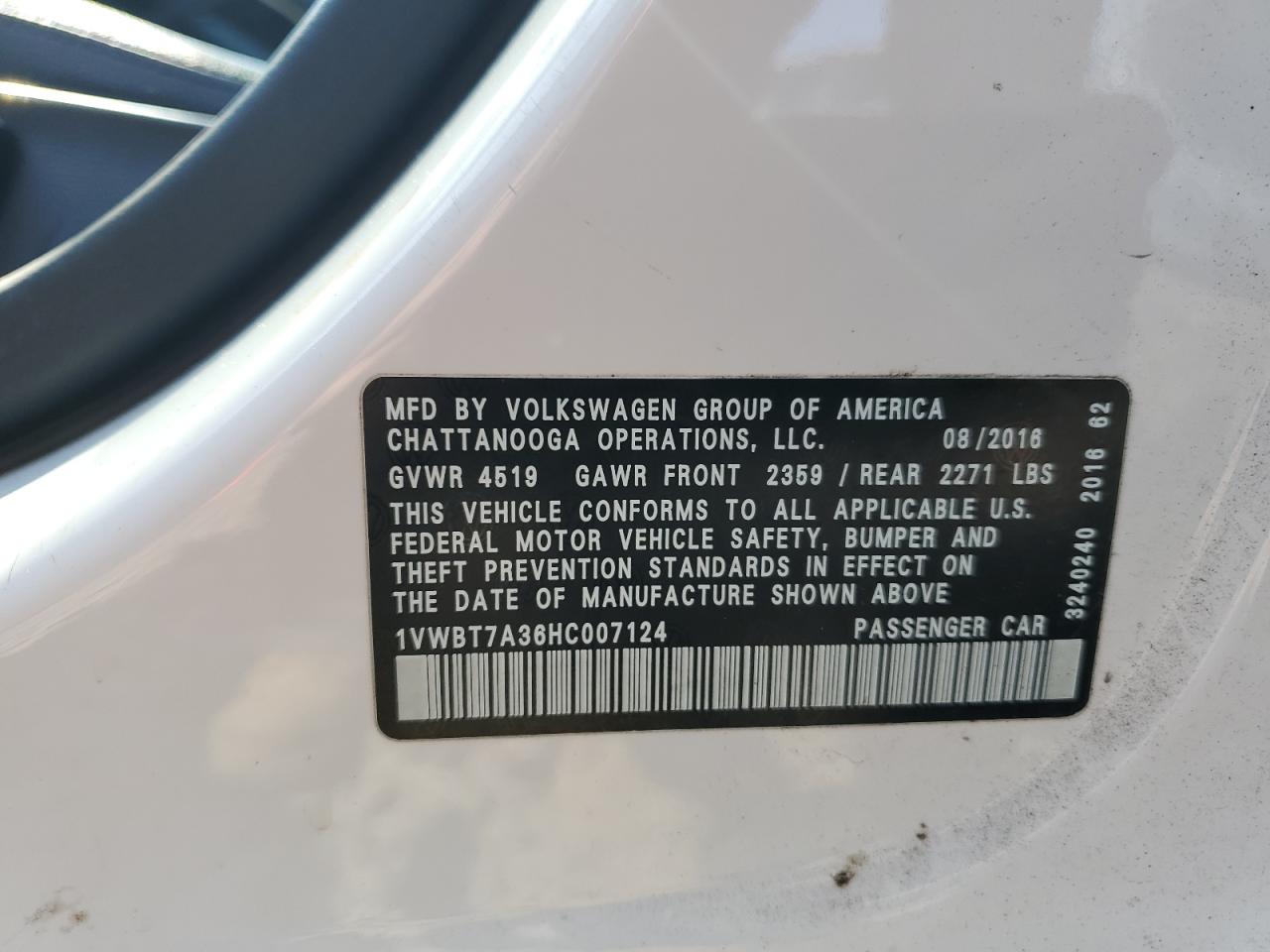 2017 Volkswagen Passat Se VIN: 1VWBT7A36HC007124 Lot: 63161264