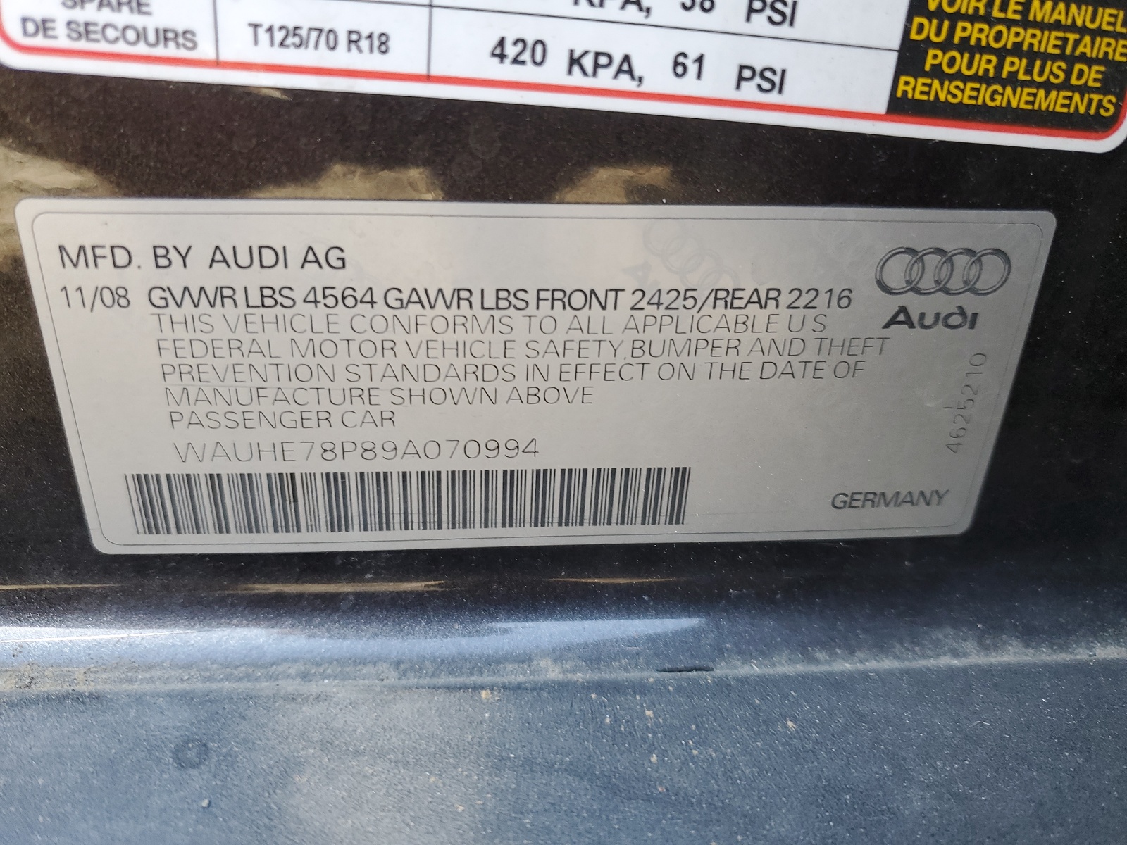 WAUHE78P89A070994 2009 Audi A3 2.0T