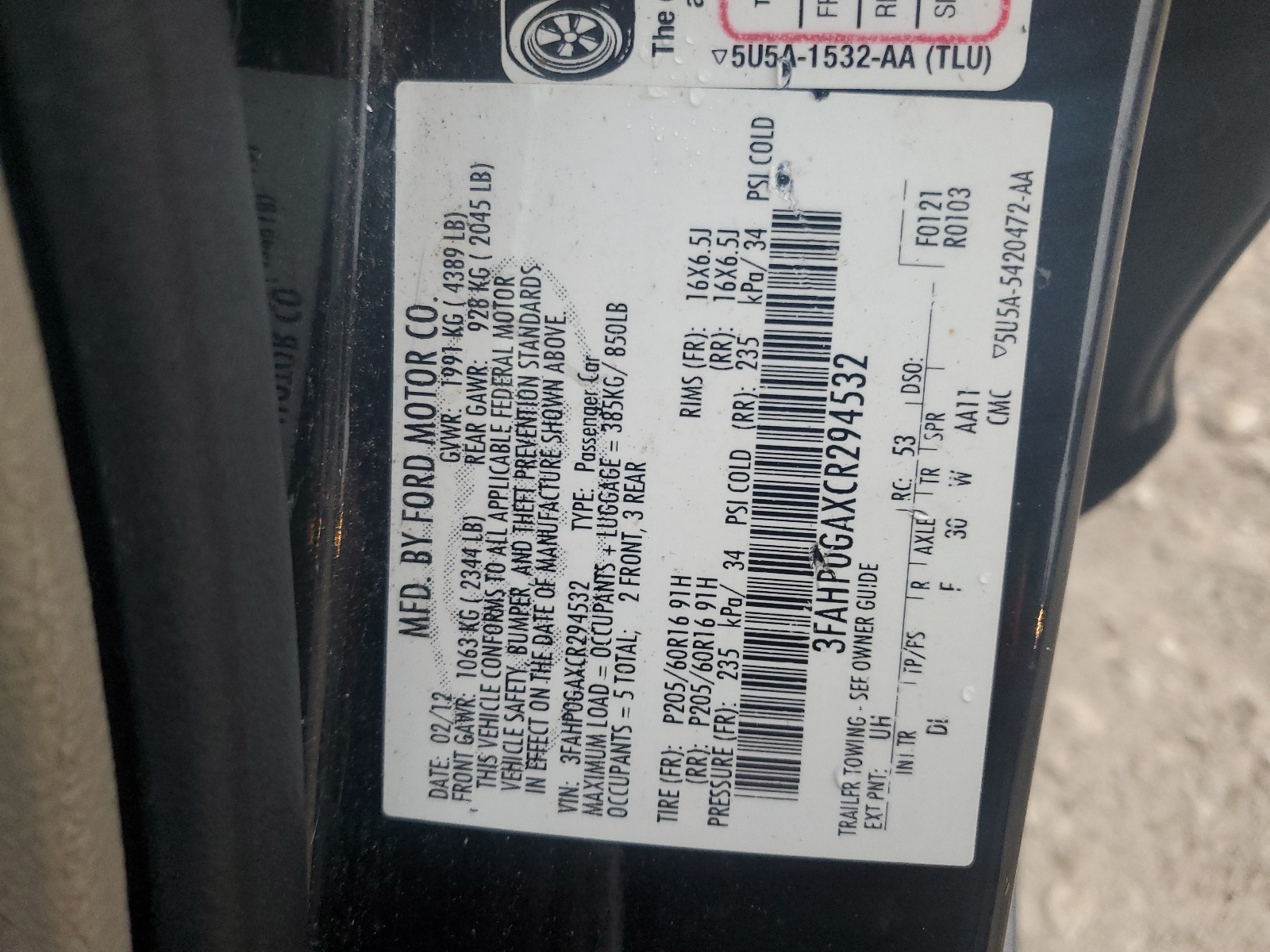 3FAHP0GAXCR294532 2012 Ford Fusion S