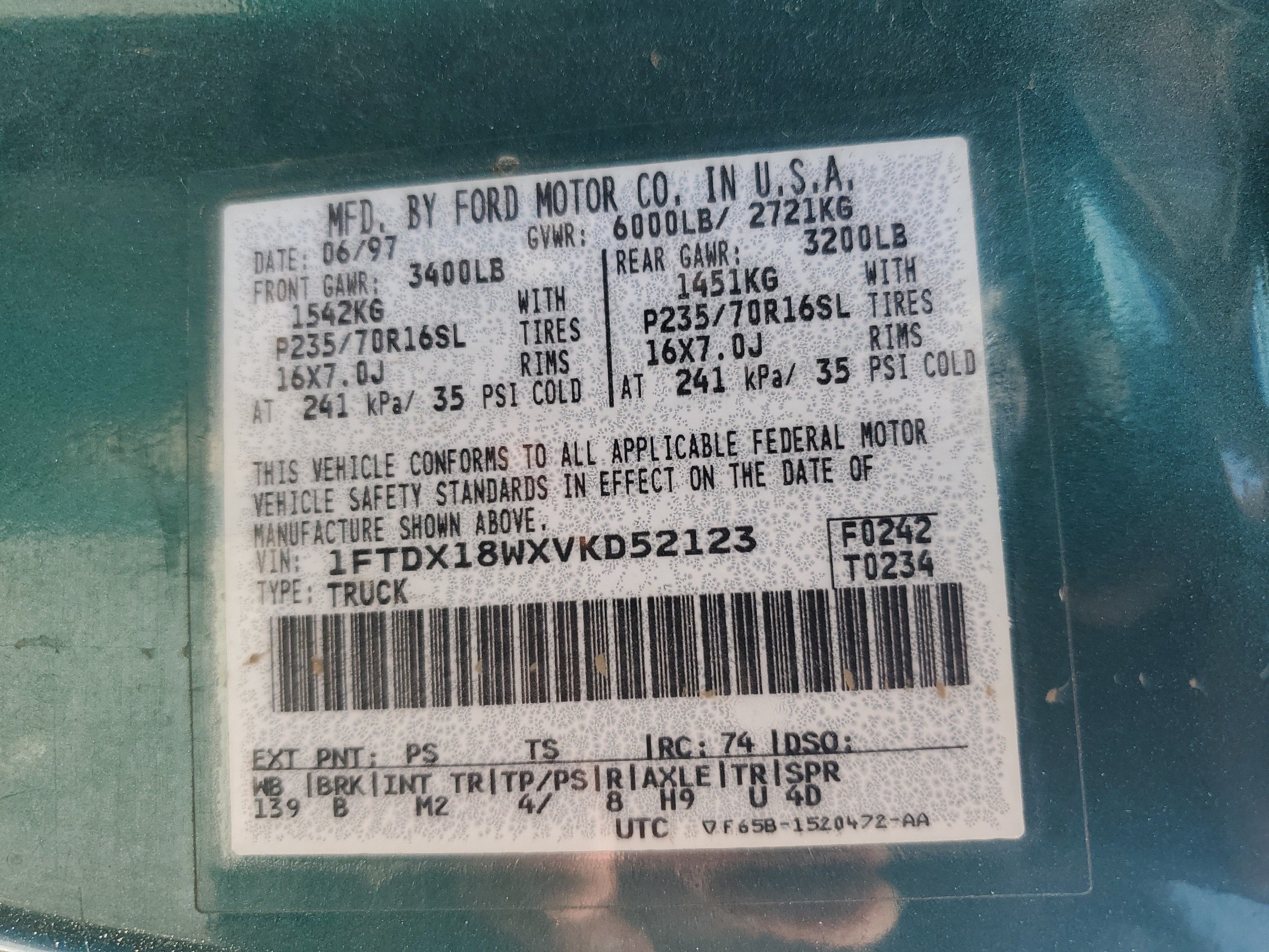 1FTDX18WXVKD52123 1997 Ford F150