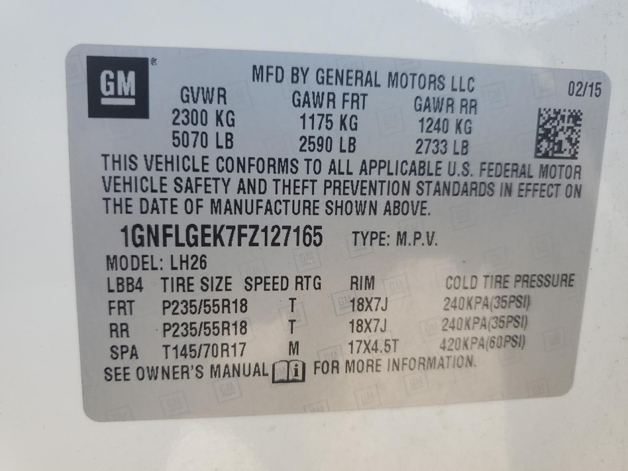 2015 Chevrolet Equinox Lt VIN: 1GNFLGEK7FZ127165 Lot: 63687984