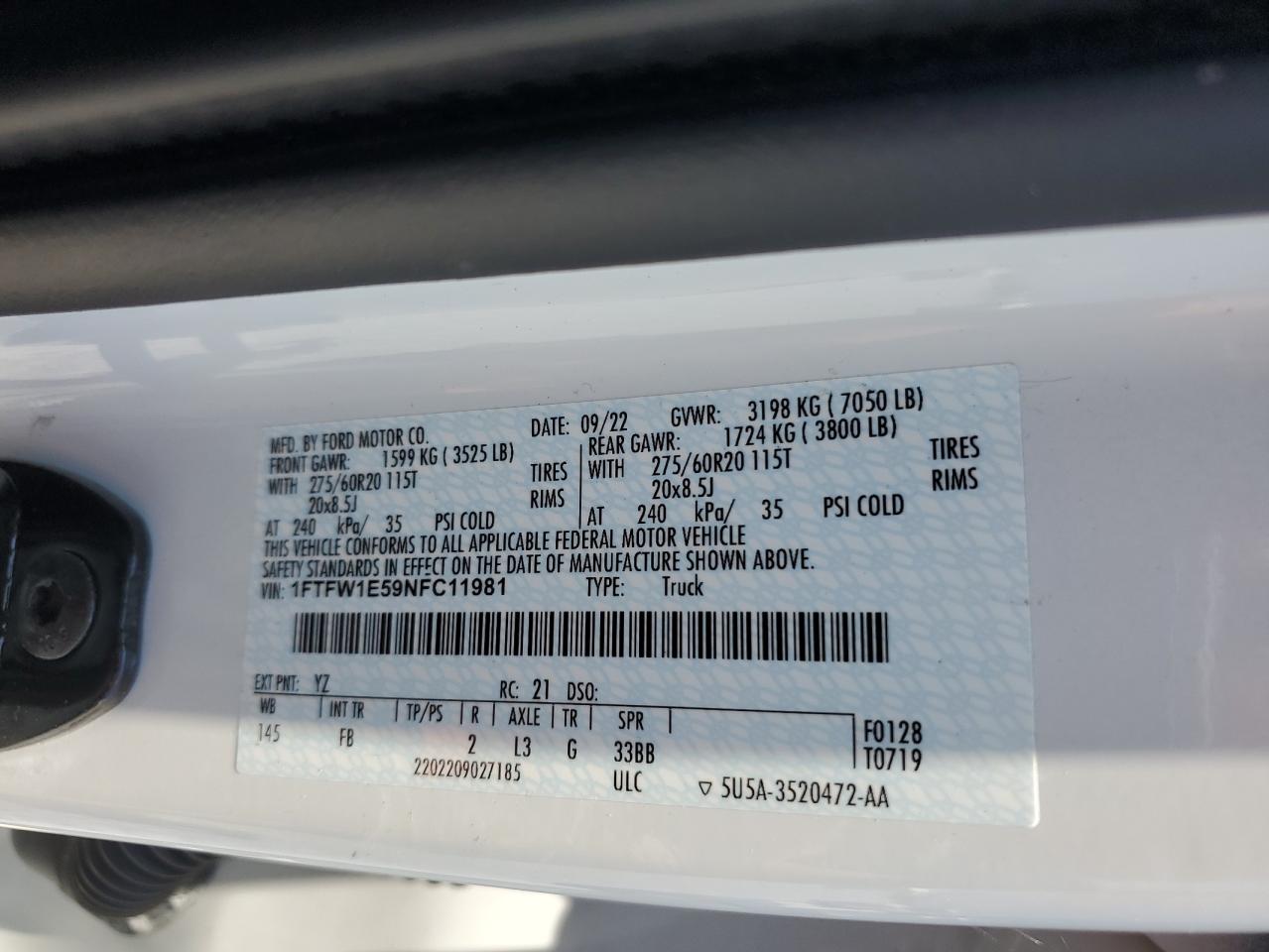 2022 Ford F150 Supercrew VIN: 1FTFW1E59NFC11981 Lot: 63118934