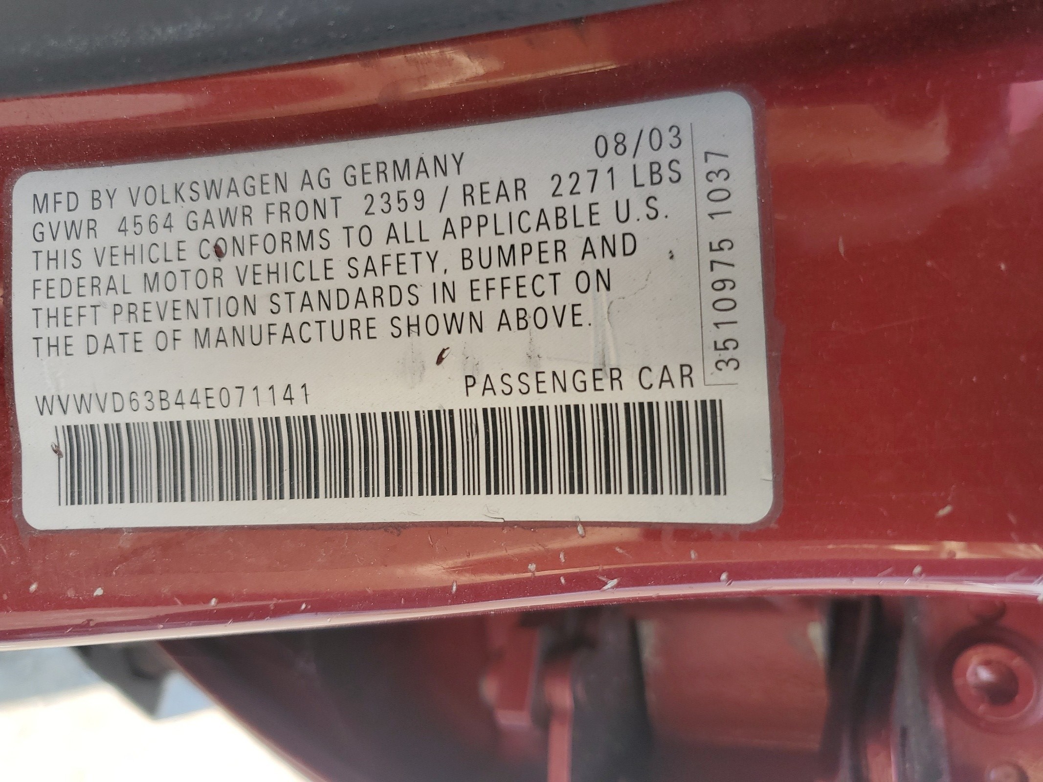 WVWVD63B44E071141 2004 Volkswagen Passat Gls