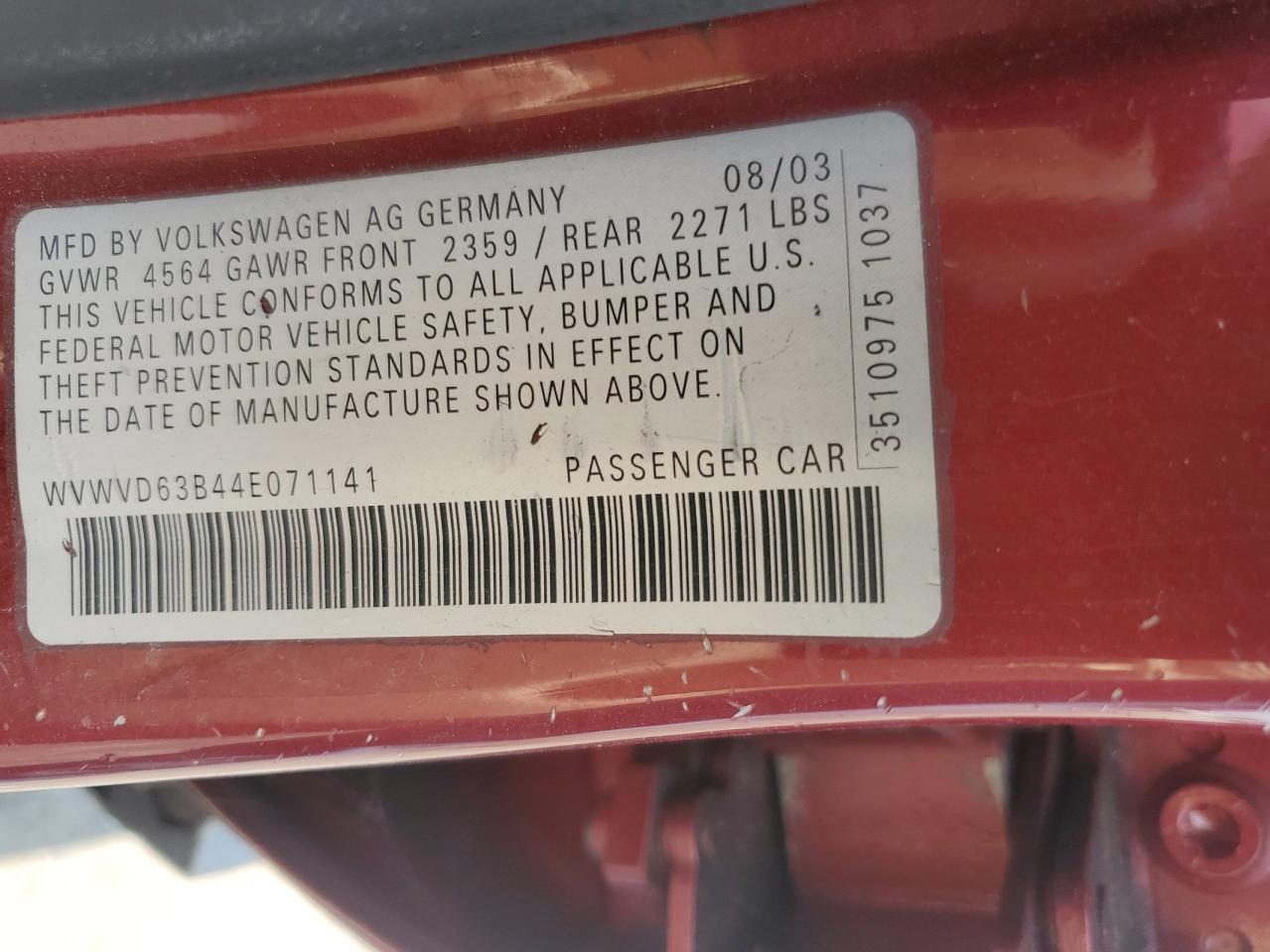 2004 Volkswagen Passat Gls VIN: WVWVD63B44E071141 Lot: 63524284